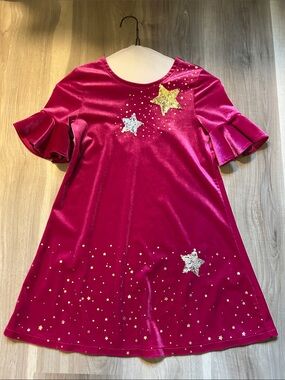 Girls Flapdoodles Fuchsia Velvet Star Dress with Glitter Stars